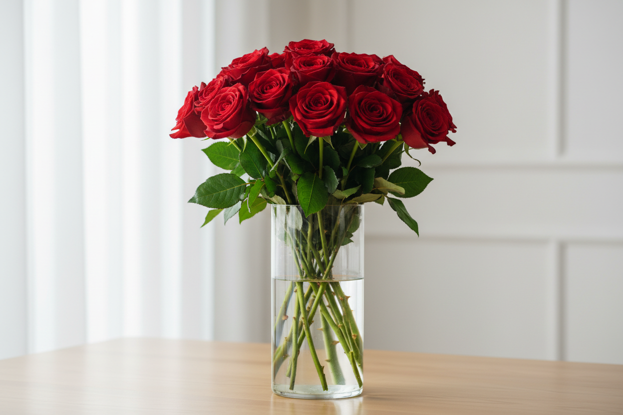 red roses in clear vase